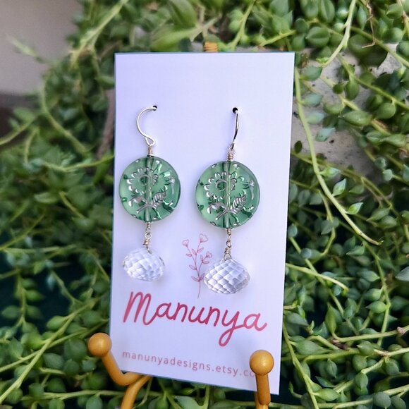 Dangle Flower Earrings - Blue, Green, Purple - Picture 3 of 13